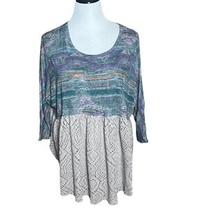 Free People XS Mixed Media Space Dye Eyelet Lace Babydoll Top Teal‎ Purple Boho